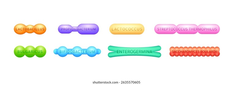 Collection Probiotics. Good bacterial flora for intestine and stomach for designing dietary supplements healthy nutrition. Health care immunity. Vector EPS10.