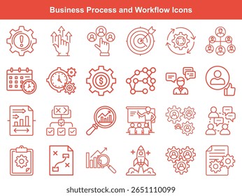 Colección de iconos de gestión de procesos que representan la gestión de proyectos, el flujo de trabajo, el trabajo en equipo, la planificación, la estrategia y el análisis de datos comerciales. símbolos de Vector relacionados con el flujo de trabajo,