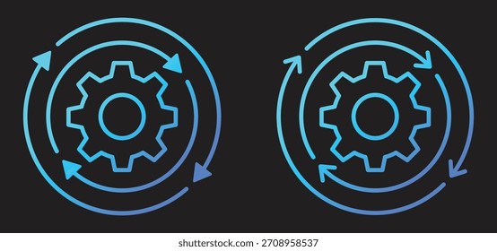 Colección de iconos de engranajes de sincronización de procesos con dos estilos de flecha diferentes en estilo de color de arte sobre fondo negro. Sincronización, Configuraciones y engranajes de procesamiento. Ilustración vectorial