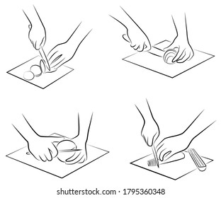 Collection. Processing of vegetables and fruits. Cut cucumber, onion, potatoes, pomegranate on a kitchen board. The hands of the cook are preparing food. Vector illustration set.