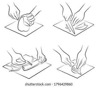 Collection. Processing of vegetables and fruits. On the kitchen board we clean the carrots, cut the peppers and onions. The hands of the cook are preparing food. Set of vector illustrations.