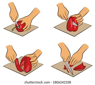 Collection. Processing of vegetables. Peel and chop the peppers on a kitchen board. The hands of the cook are preparing food. Set of vector illustrations.