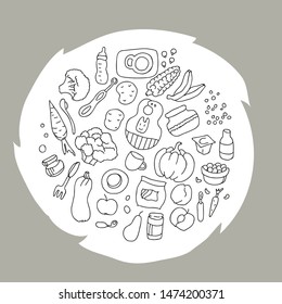 A collection of products and accessories for complementary feeding babies from 6 to 8 months old in doodle style. Vector illustration