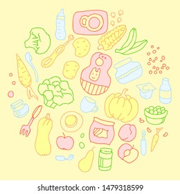 A collection of products and accessories for complementary feeding babies from 6 to 8 months old in doodle style. Vector illustration