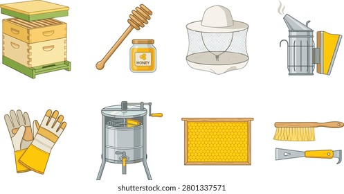 A collection of professional apiculture elements including a beehive, honey jar, protective hat, smoker, gloves, extractor, and honeycomb frame. This vector illustration set is perfect for educational materials, agricultural business branding, and organic product packaging designs.