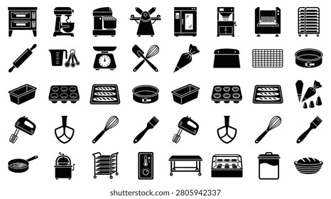 Collection of professional bakery and pastry equipment icons featuring industrial ovens, stand mixers, baking pans, and essential kitchen tools in a flat black silhouette style on white.