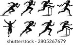 A collection of professional black silhouettes depicting male and female athletes engaged in track and field events, including sprinting, hurdle jumping, and finishing a marathon. This clean vector icon set is ideal for sports branding, athletic club logos, and fitness promotional materials.