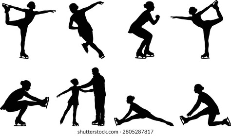 A collection of professional black silhouettes featuring female figure skaters performing jumps, spins, splits, and training poses on ice. This flexible vector set from image_600523.png is perfect for winter sports clubs, championship event posters, and skating school advertisements.