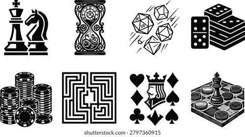A collection of professional black vector silhouettes illustrating gaming elements, including polyhedral dice, stacks of poker chips, a square labyrinth maze, and checkers on a dynamic isometric board. This versatile graphic set is perfect for tabletop gaming blogs, casino promotions, strategic planning infographics, and hobby app interfaces.