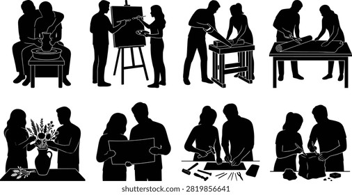 A collection of professional black vector silhouettes featuring a couple working together on creative DIY projects, including pottery, painting, sawing wood, cutting fabric, arranging flowers, leathercraft, and clay sculpting. Ideal for craft stores, adult learning workshops, hobbyist websites, and community class promotions.