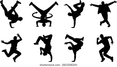 A collection of professional black vector silhouettes featuring street dancers performing breakdance freezes, handstands, headspins, and energetic jumps. Perfect for dance studio branding, street fashion apparel promotions, youth community center events, and musical show posters.