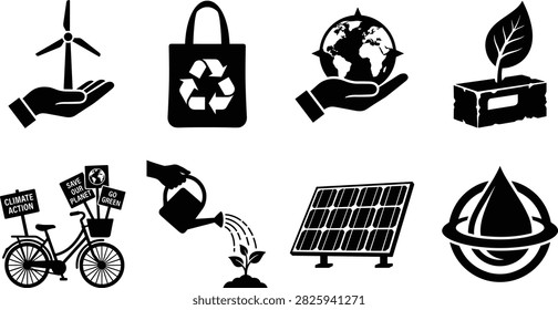 A collection of professional black vector silhouettes in image_bbcb3d.png showcasing environmental conservation and clean energy. This versatile icon set features a hand holding a wind turbine, a recycled tote bag, a hand cradling the earth, a green sprout growing from a brick, an eco bike with climate activism signs, a hand watering a plant, a solar panel, and a water droplet symbol.