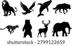 A collection of professional black and white wild animal silhouettes in the file image_545887.png showing diverse majestic wildlife creatures. Perfect for outdoor branding, sports mascots, conservation logos, sticker designs, and nature themed creative layouts.