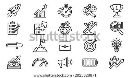 A collection of professional business and management vector line icons representing growth, strategy, teamwork, success, and productivity concepts.