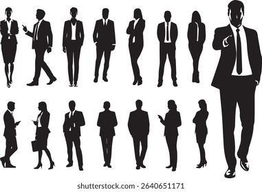 A collection of professional business people silhouettes in various standing and talking poses.