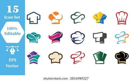 Collection of professional chef hat and kitchen apparel icons with culinary
