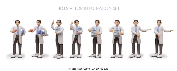 Collection with professional doctors in different positions. Pediatrician holding capsule