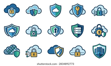 A collection of professional flat vector icons representing secure cloud storage, digital protection, data encryption, and network safety systems.