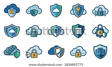 A collection of professional flat vector icons representing secure cloud storage, digital protection, data encryption, and network safety systems.