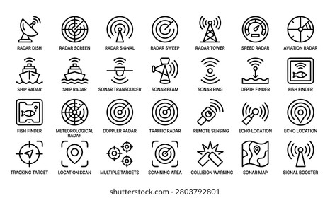 Collection of professional maritime and electronic detection icons covering radar dishes screens towers speed monitoring sonar transducers beams pings depth finding fish localization and signal boosting technologies suitable for navigation mapping and marine electronics applications.