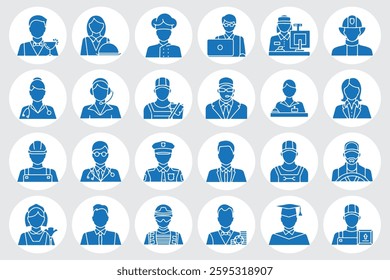 A collection of professional occupation icons in a blue circular style, showcasing various careers such as healthcare, engineering, law enforcement, and education. Perfect for business and corporate d