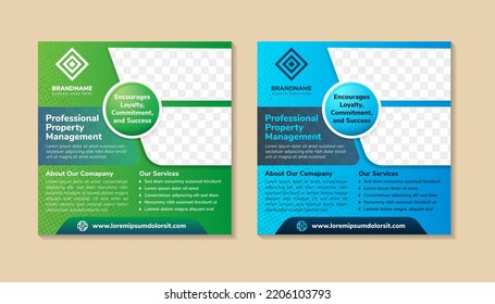 collection of professional property management square banner for social media post. space for photo collage and text. combination blue and green gradient background and element. art halftone pattern.