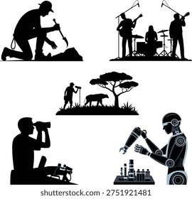 Collection of professional silhouettes including miner musician wildlife photographer nature observer and robotic engineer representing different occupations technology creativity exploration and outdoor activity concepts