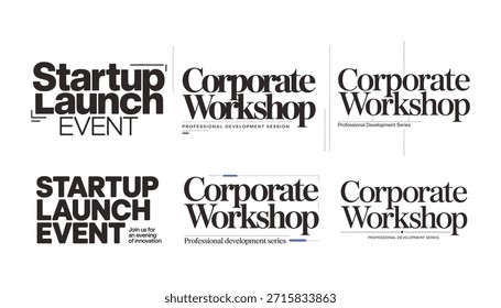 Colección de logotipos profesionales de eventos de lanzamiento de startups y talleres corporativos diseñados para fines comerciales y de marketing.