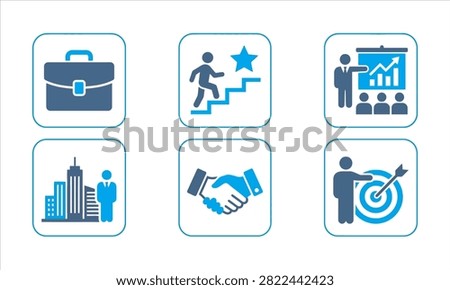 A collection of professional vector icons depicting corporate concepts including career advancement, business meetings, leadership, strategic planning, and networking.