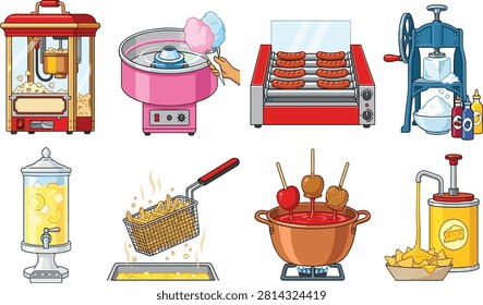 A collection of professional vector icons showcasing classic amusement park concession and street food equipment isolated on white. This set features a popcorn maker, cotton candy machine, hot dog roller, shaved ice maker, lemonade dispenser, deep fryer, candy apple pot, and a nacho cheese pump.