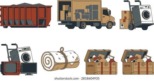 A collection of professional vector illustrations showcasing the relocation and waste disposal process, featuring a moving truck, roll-off dumpster, hand truck with appliances, and packed storage chests. Perfect for logistics services, moving companies, and junk clearance promotional materials.