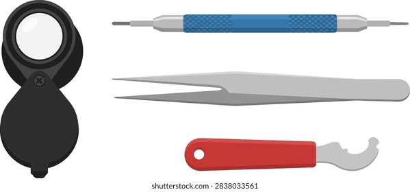 A collection of professional watchmaker tools including a jeweler loupe, precision tweezers, a spring bar tool, and a case opener.