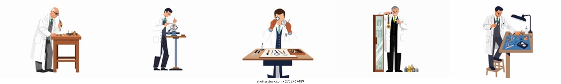 Collection of professional watchmakers and clockmakers in white lab coats repairing intricate timepieces and watches using specialized tools in a workshop environment.