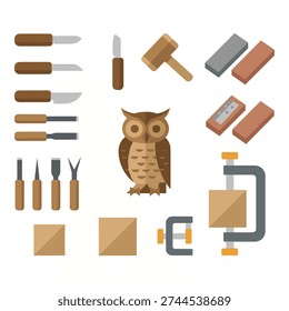 Collection of professional wood carving instruments including clamps, wooden blocks, and an owl sculpture.