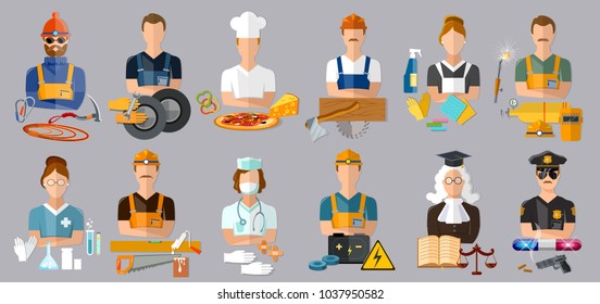 Collection professions. Profession people and avatars collection. Auto mechanic, cook, carpenter, laundress, electrician, judge, doctor, pharmacist, climber, policeman, welder vector 