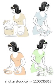 Collection. Profile of a beautiful lady. The girl prepares food, cuts vegetables for salad, cleans fish, fry an omelet, cooks in a saucepan. Women are good housewives, cook. Vector illustration.