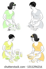 Collection. Profile of a beautiful pregnant lady. The girl prepares food: fish, salad, vegetables, fruits, juice, eggs. The woman is a good wife and a neat housewife, a maid. Vector illustration.