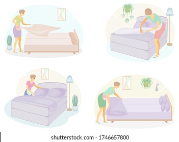 Collection. Profile of a cute lady. The girl makes the bed in the room. The woman is a good wife and a tidy housewife. Vector illustration of a set.