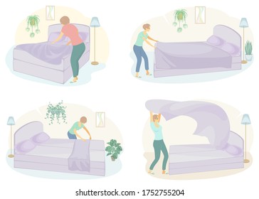 Collection. Profile of a cute lady. The girl makes the bed in the room. The woman is a good wife and a tidy housewife. Vector illustration of a set.