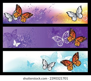 Colección de cabeceras de perfil con mariposas monarcas anaranjadas y detalladas en fondos escénicos. arte vectorial dibujado a mano