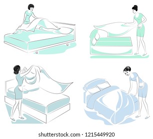 Collection. Profile of a nice lady. The girl makes the bed in the room. The woman is a good wife and a neat housewife, a maid. Vector illustration set.