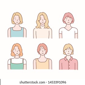 Collection of profile portraits or heads of  female cartoon characters with various hairstyles. Hand drawn style vector design illustrations.