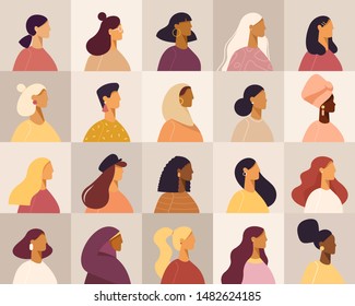 Collection of profile portraits or heads of female cartoon characters. Various nationality. Blonde, brunette, redhead, african american, asian, muslim, european. Set of avatars. Vector, flat design
