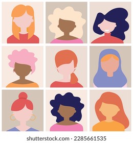 Collection of profile portraits or heads of female characters. Various nationality. Set of avatars