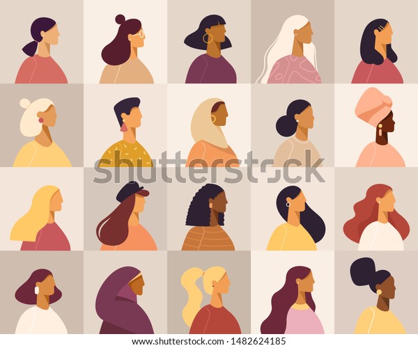女性の漫画キャラクターのプロフィールポートレートや頭のコレクション 様々な国籍 金髪 ブルネット 赤毛 アフリカ系アメリカ人 アジア人 イスラム教徒 ヨーロッパ人 アバターのセット ベクター画像 フラットデザイン のベクター画像素材 ロイヤリティフリー