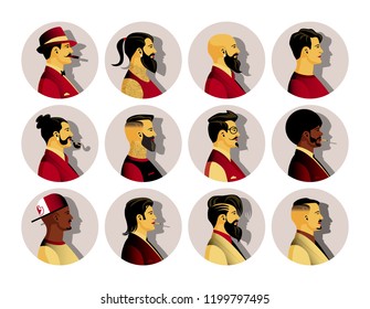Collection of profile portraits or heads of male cartoon characters with various hairstyles and costumes isolated on white background. Set of avatars. Vector illustration in flat style