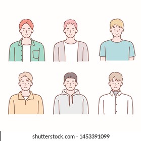 Collection of profile portraits or heads of male cartoon characters with various hairstyles. Hand drawn style vector design illustrations.