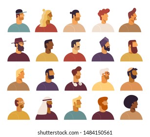 Collection of profile portraits. Male cartoon characters various nationality. Blond, brunet, redhead, african american, asian, muslim, european, latin. Set of avatars. Vector, flat design