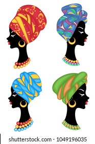 Collection. Profile of a sweet lady. On the head of an African-American girl is a knitted shawl, a turban. The woman is beautiful and stylish. Vector illustration set.