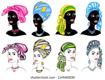 Collection. Profile of a sweet lady. On the head of an African-American girl is a knitted shawl, a turban. The woman is beautiful and stylish. Vector illustration set.